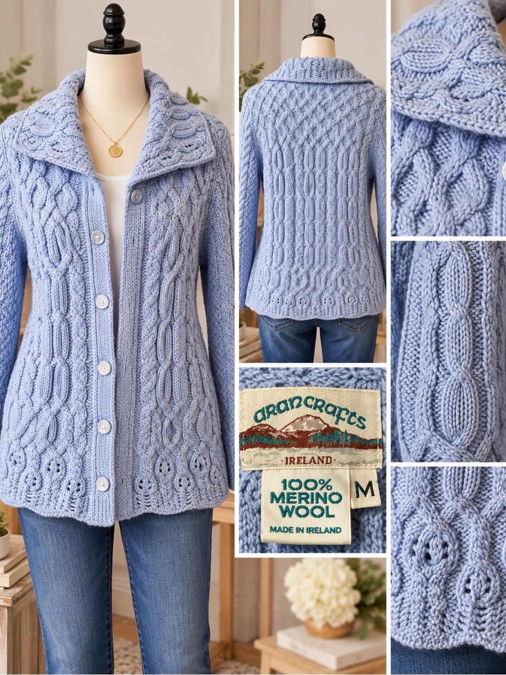 Aran Crafts Ireland 100% Merino Wool Cable Knit Cardigan Blue M Made Ireland
